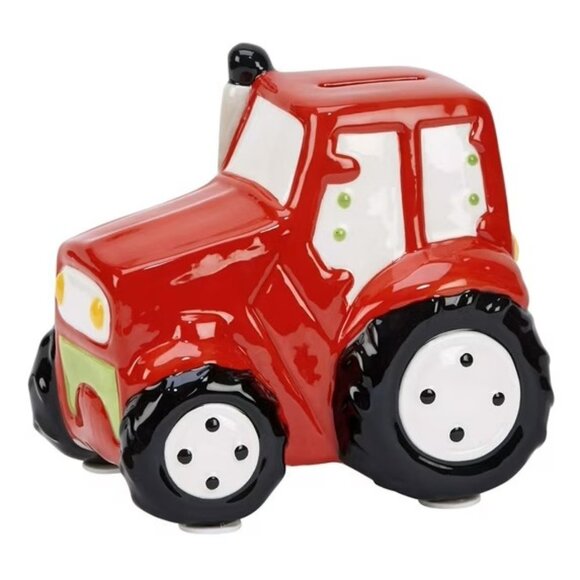 5.75" X 5.75" Red, Black And White Ceramic Tractor Bank - Picture 1 of 5
